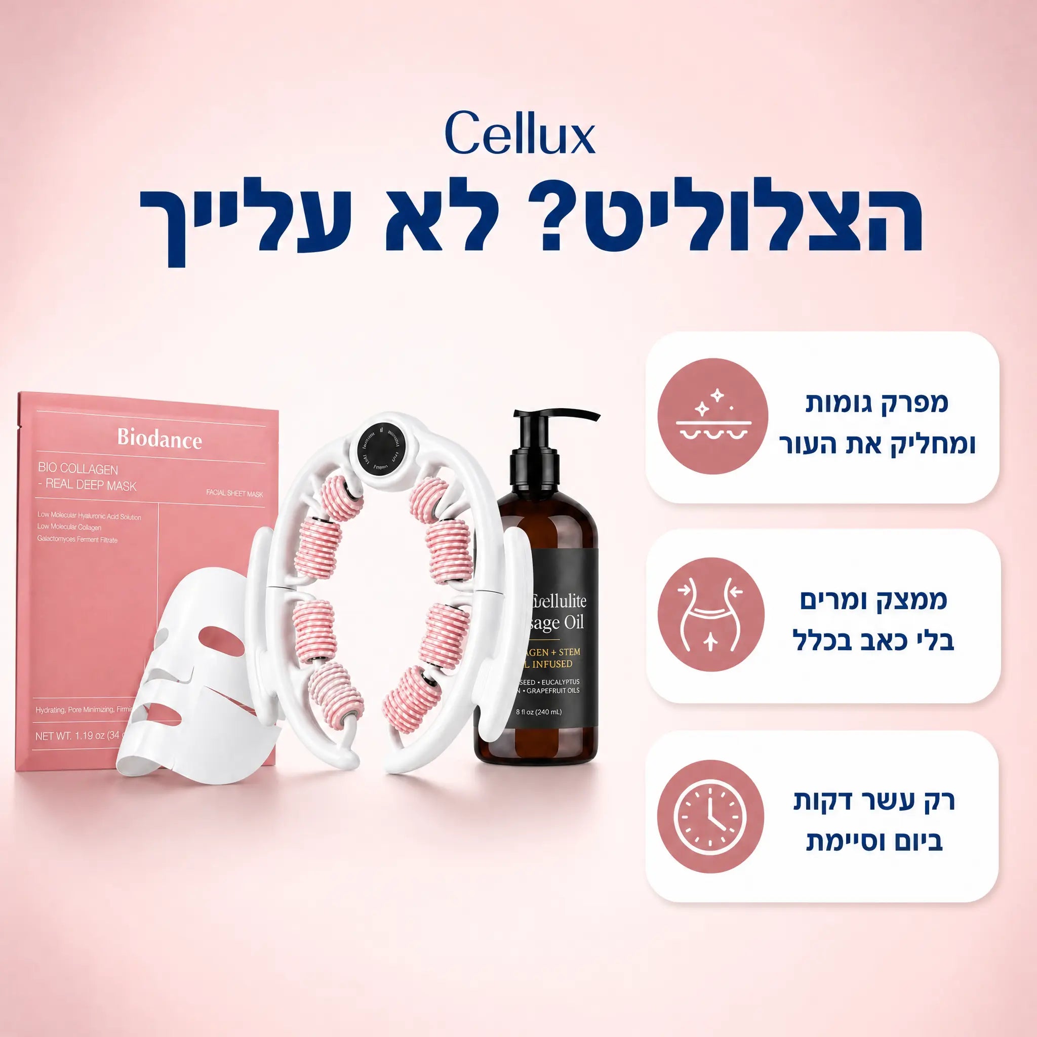 ערכה מיוחדת לטיפול בצלוליט וסימני מתיחה - שמן אנטי צלוליט + רולר ביתי מיוחד