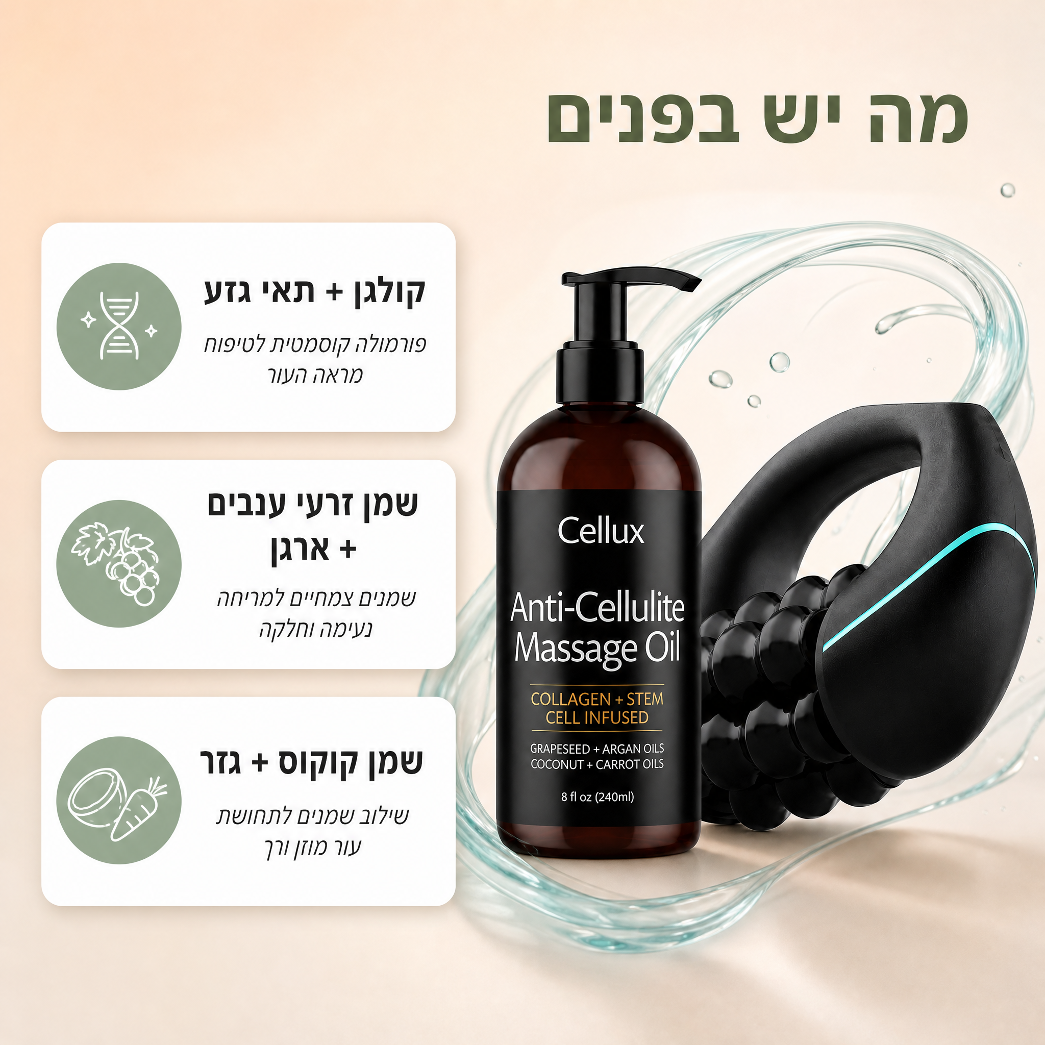 רולר אנטי-צלוליט חשמלי 360 מתקדם + שמן לטיפול בצלוליט 240 מ״ל - הערכה המושלמת